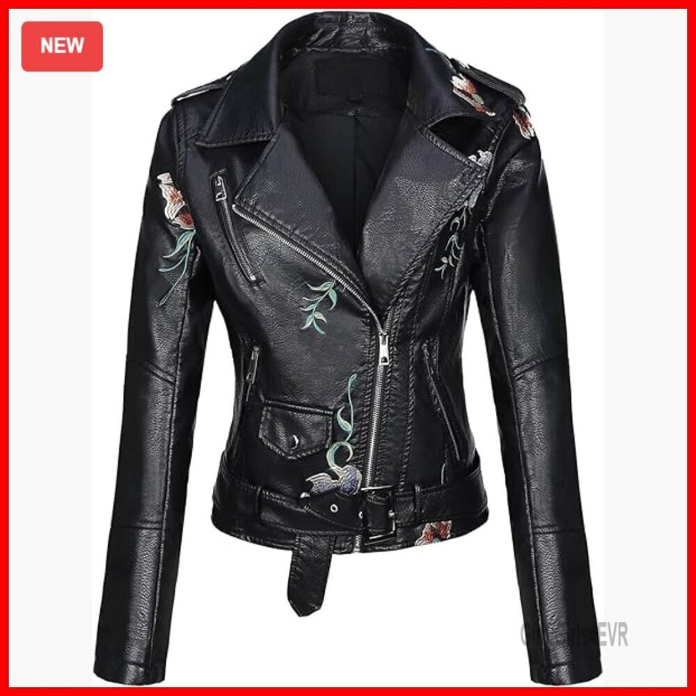 Faux Leather Jacket with Studded Rivets Floral Moto Biker Coat